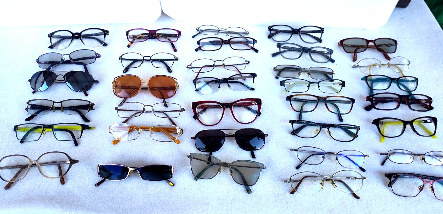 Lot of 34 Eyeglass Frames: Branded Vintage Modern Mens Women Eddie Bauer Saks