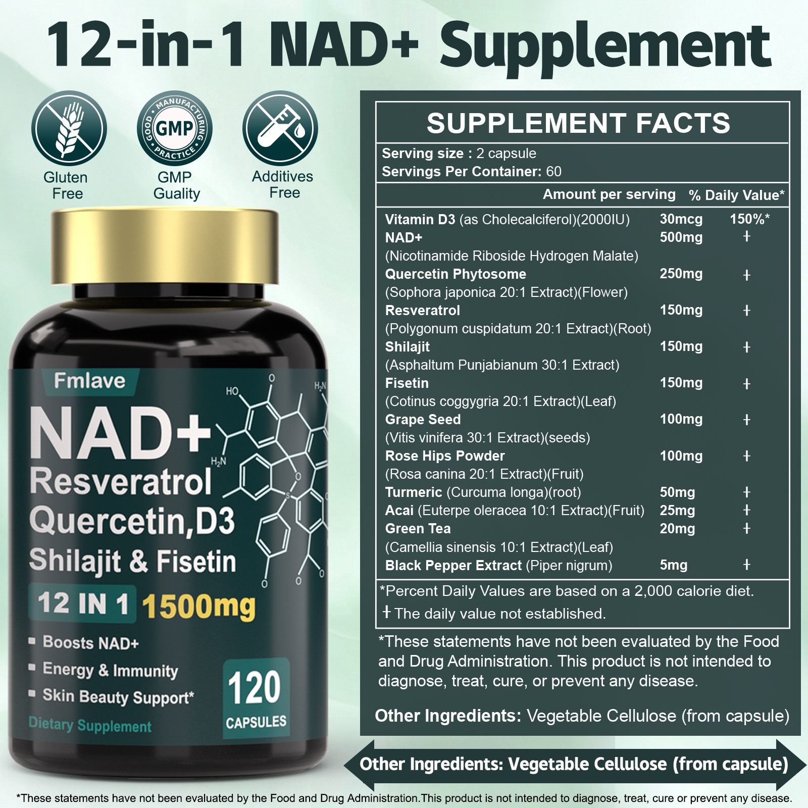 NAD+ Supplement 1500mg with Resveratrol | Cellular Health & Energy | 120 Caps US
