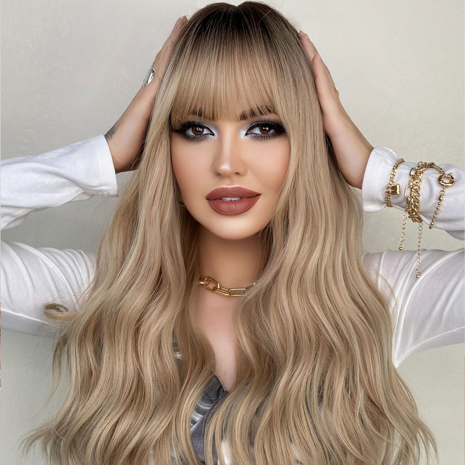 Linens Golden Long Wavy Curly Full Head Wig High Temperature Fiber Synthetic