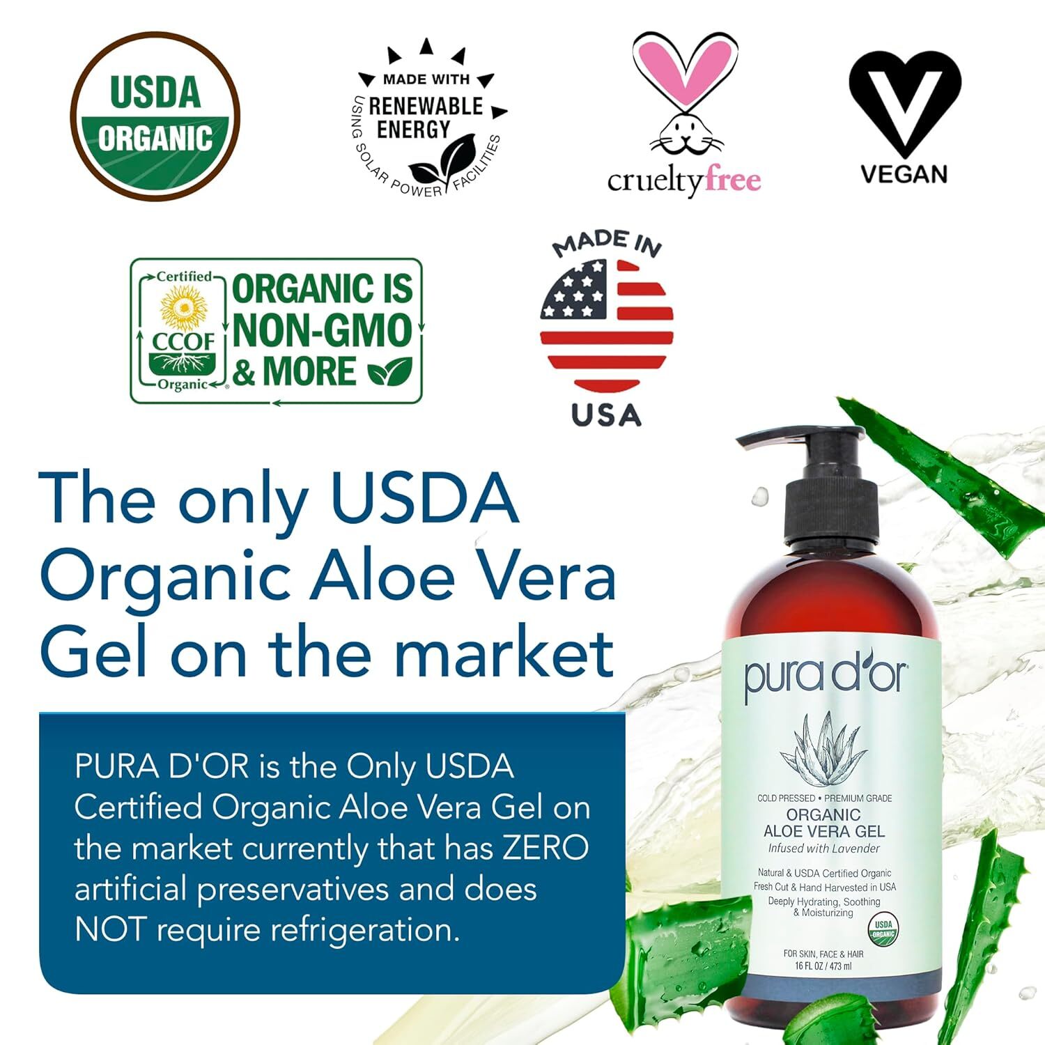 PURA D’OR Dor Organic Aloe Vera Gel 16oz Original Lavender for Face, Skin & Hair