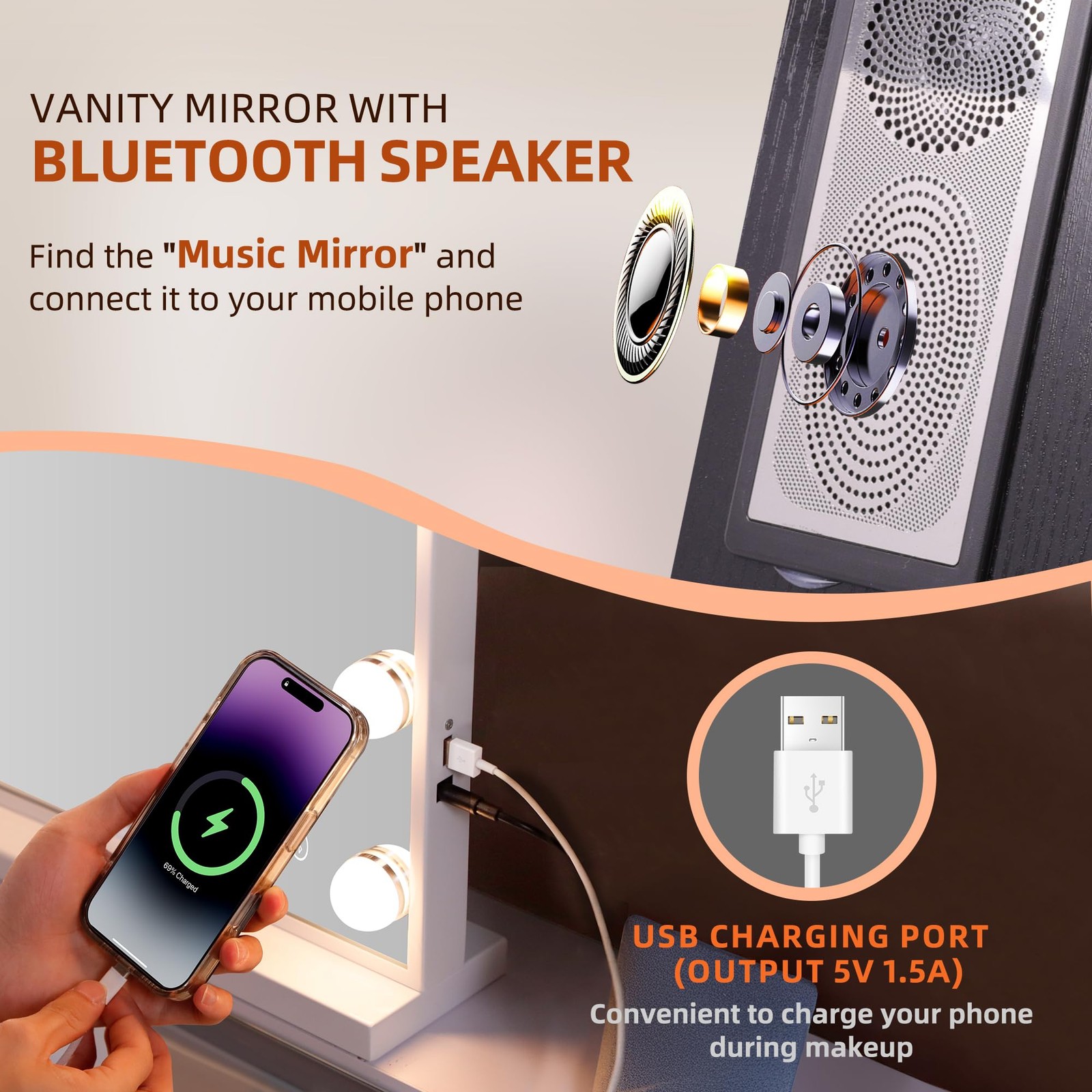 FENCHILIN Vanity Mirror with Lights and Bluetooth Speaker 22.8″x 18.1″ Makeup…