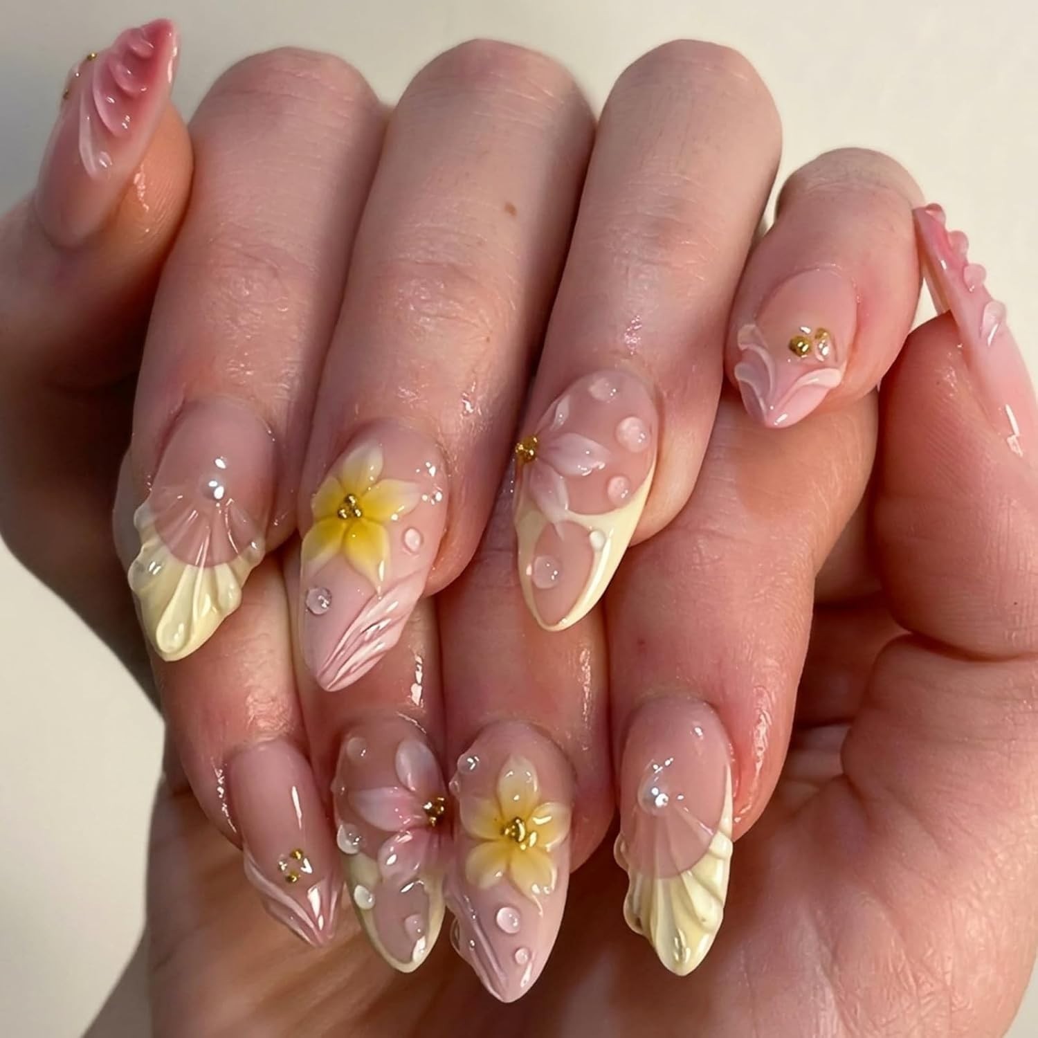 Press on Nails Medium Almond – 3D Plumeria Flower Tropical Yellow French Tip Fak