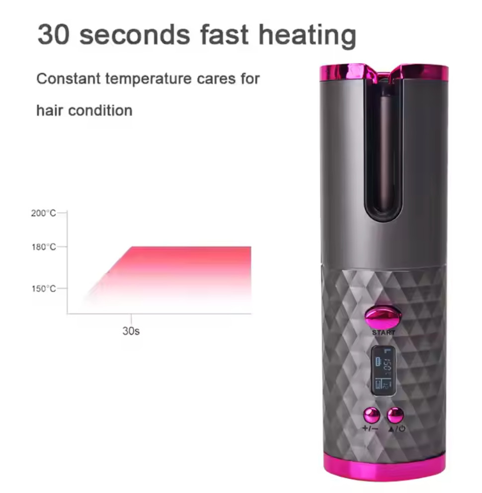 Cordless Auto Hair Curler Ceramic Rotating 6 Temps Rechargeable Travel Curling I