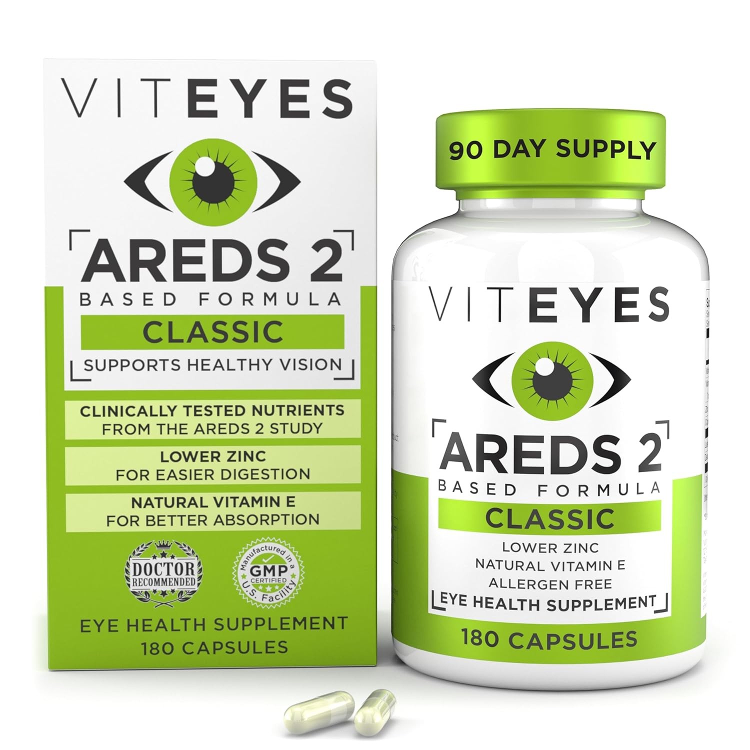 Viteyes AREDS 2 Eye Vitamins, Classic Macular Support, Allergen Free Capsules, w