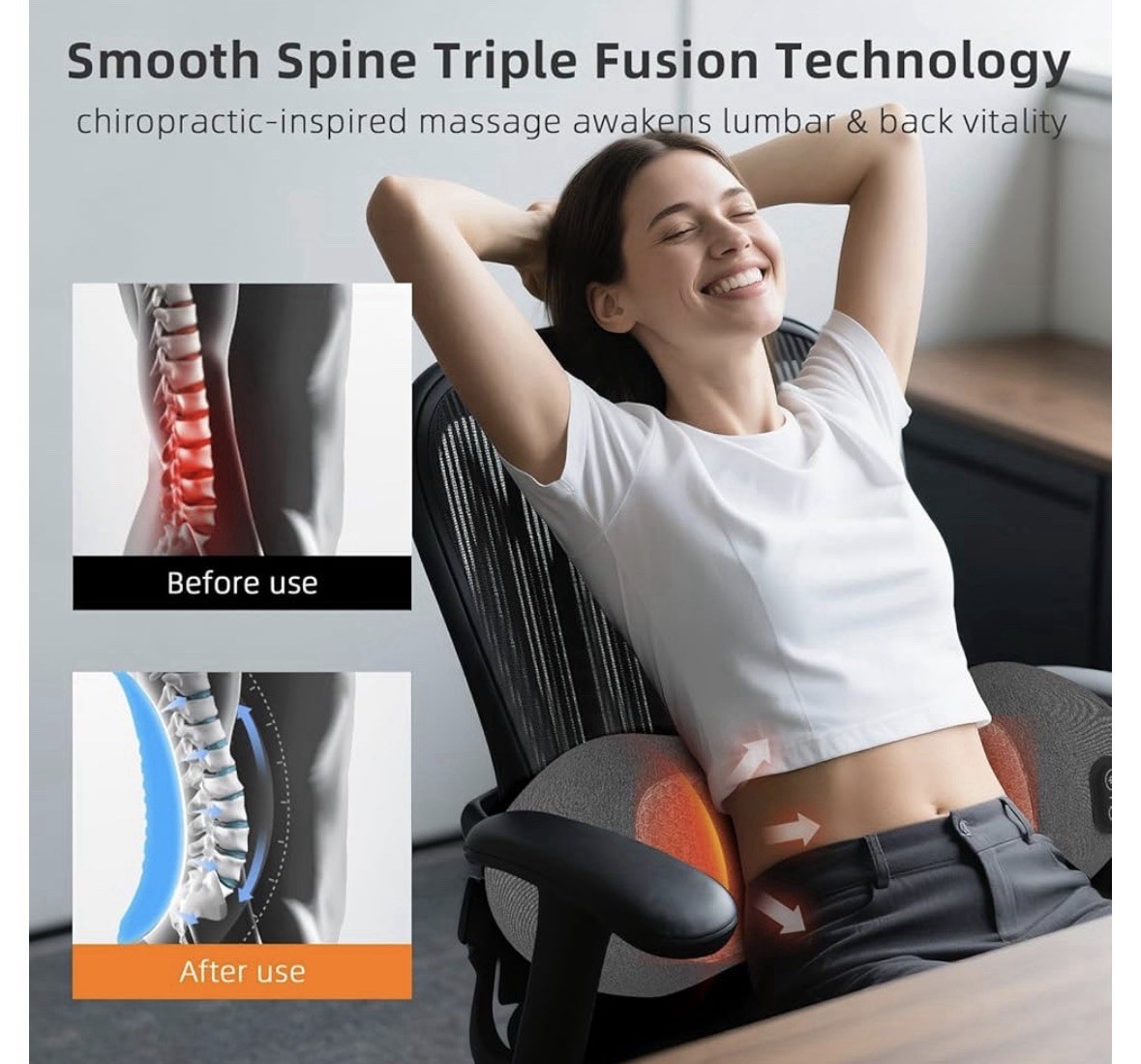 3-in-1 Back Massager with Heat & Vibration- Smooth Spine Triple Fusion Lumbar