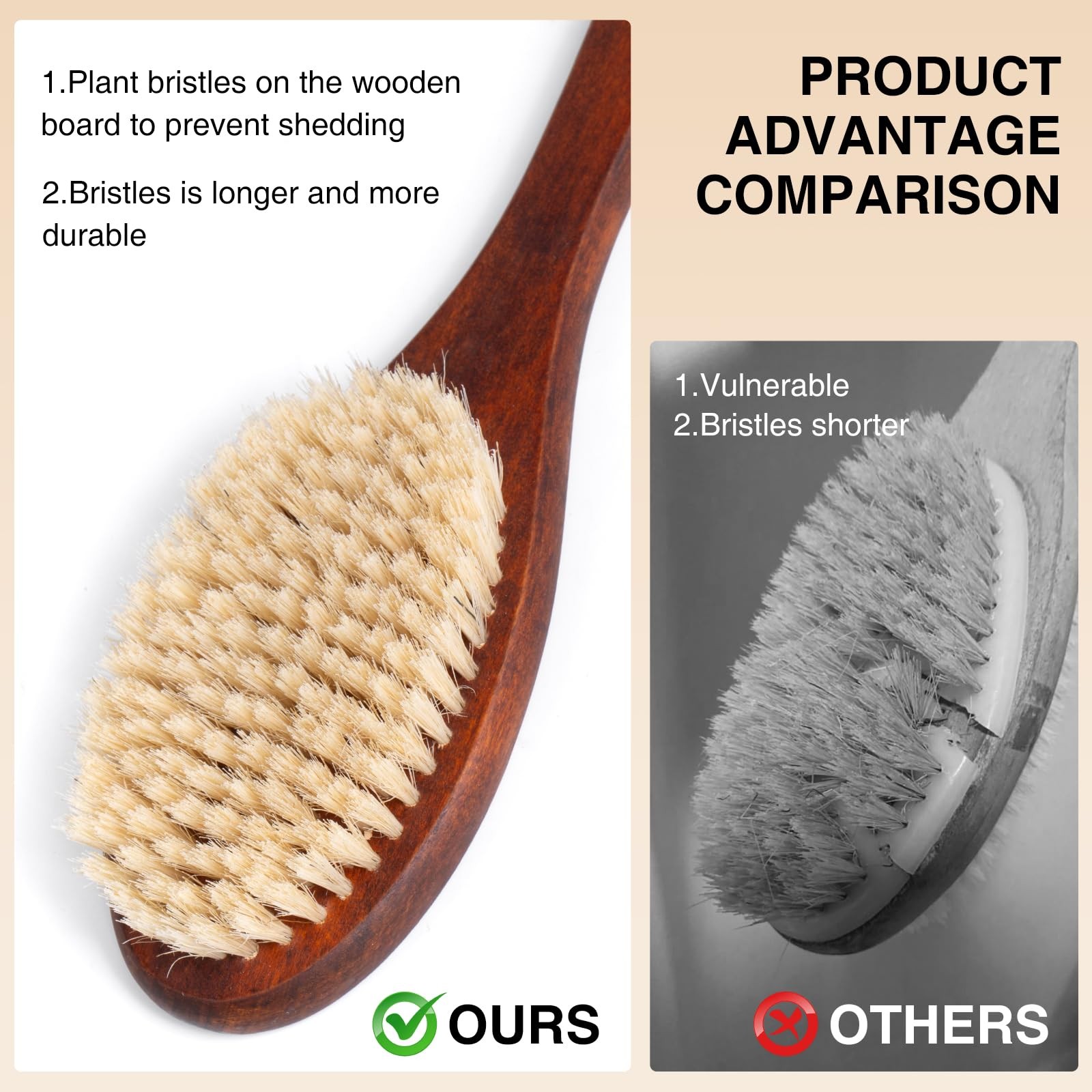 Wooden Bath Brush with Stiff Sisal Bristles Long Handle for Hair