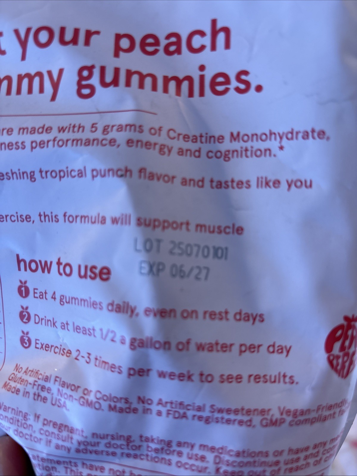 Peach Perfect Creatine Monohydrate Gummies Tropical Punch 120ct Sugar Free 2X