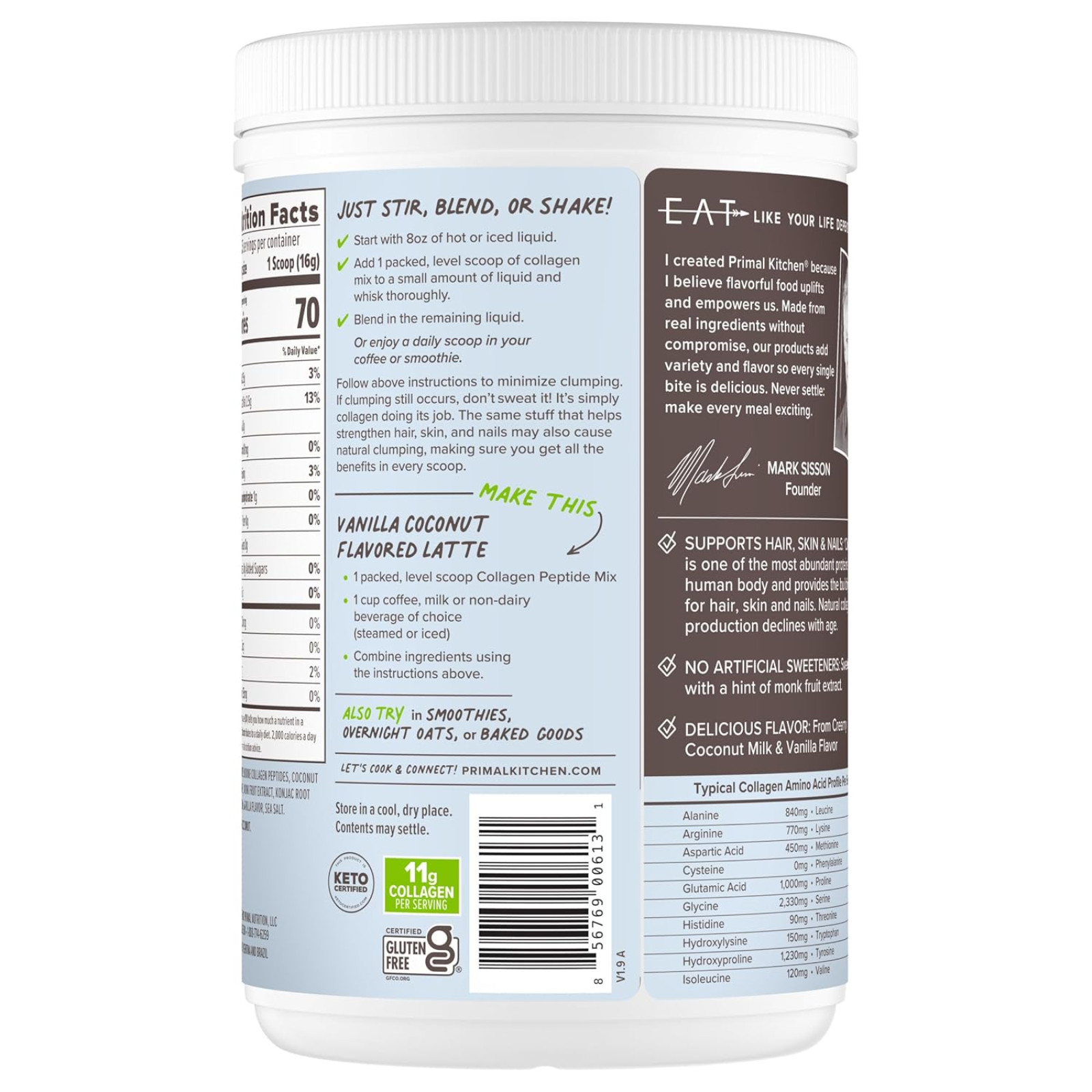 Primal Kitchen Vanilla Coconut Collagen Fuel Drink Mix 14.4oz