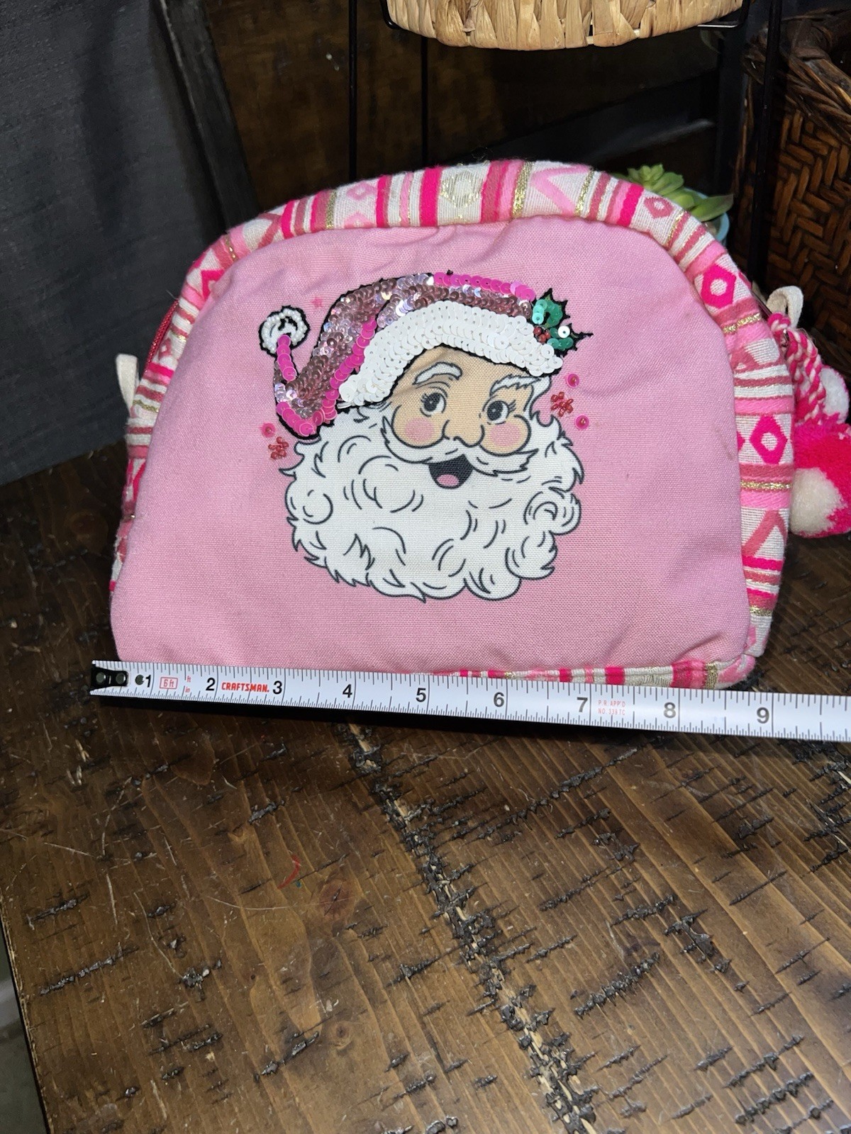 Jane Marie Pink Sequin Santa Makeup Bag Zipper Pouch 8.75 in x 7 in